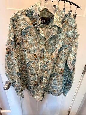 Victor Ibiza Spain Large Linen Cotton Abstract Print Button Down Shirt